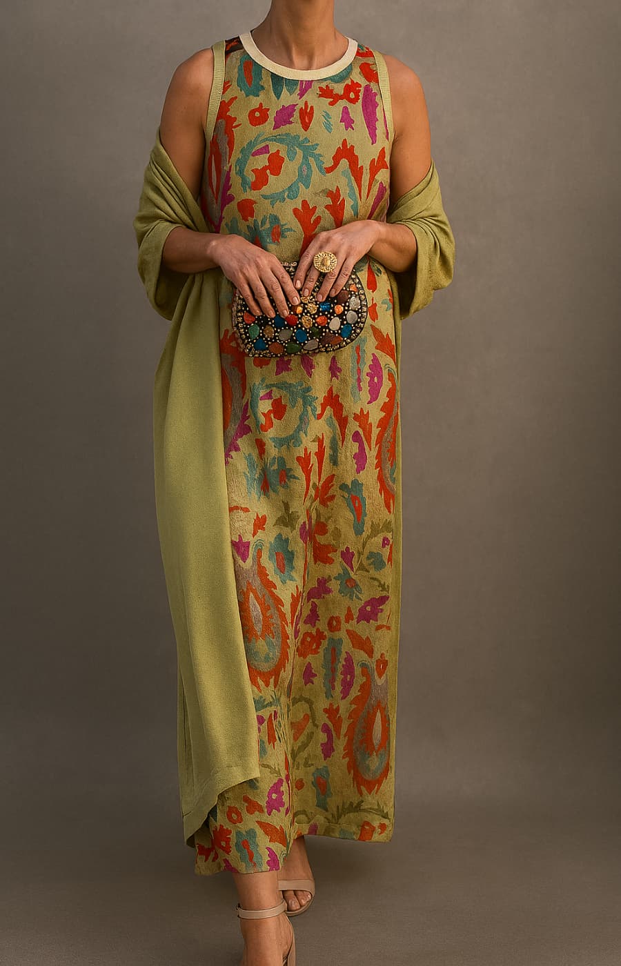 Elina | Long Printed Dress Set with Matching Gilet