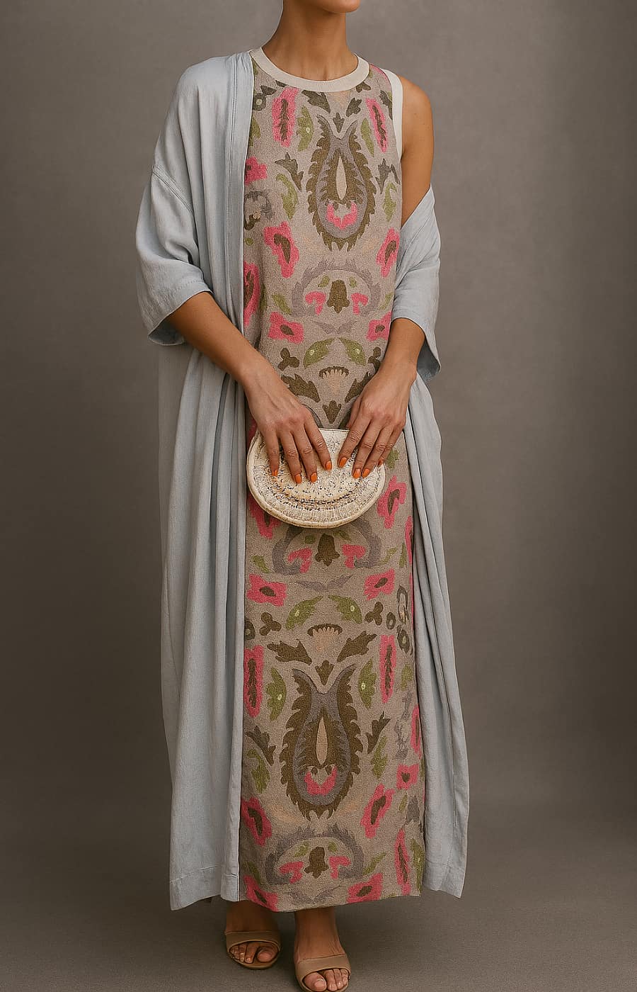 Elina | Long Printed Dress Set with Matching Gilet
